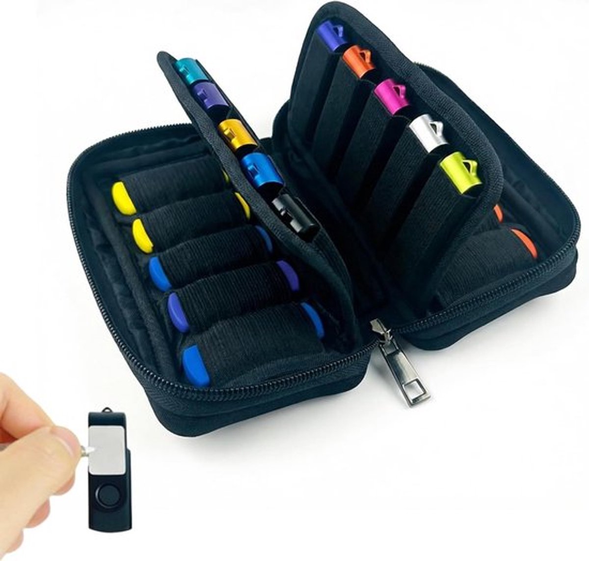 Opbergtas voor USB-sticks - Zwarte opslagbox voor 20 USB-geheugensticks met ruimte voor accessoires