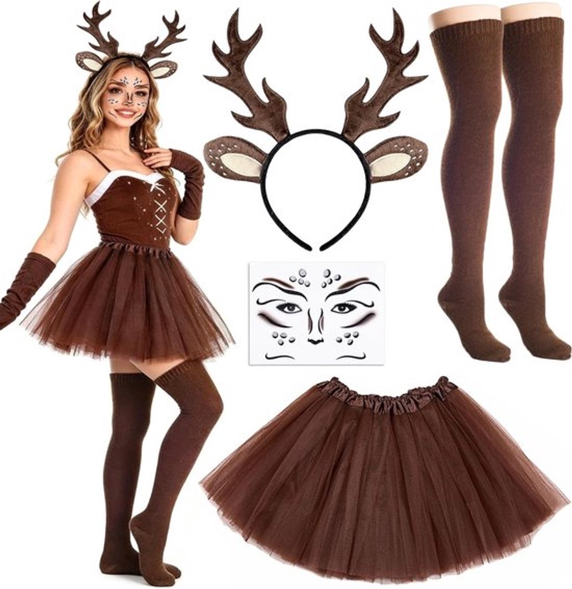 Dierenkostuum voor vrouwen en meisjes met hertengeweien, tule rok, sokken en gezichtstatoeages voor carnaval, Halloween en feestjes