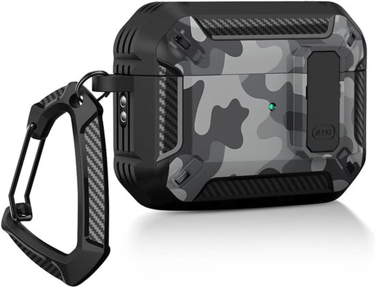 Dubbellaagse Camouflage Hoes voor AirPods Pro 2 met Sluiting, Sleutelhanger en Schokbestendig Ontwerp, Stofdicht en Duurzaam