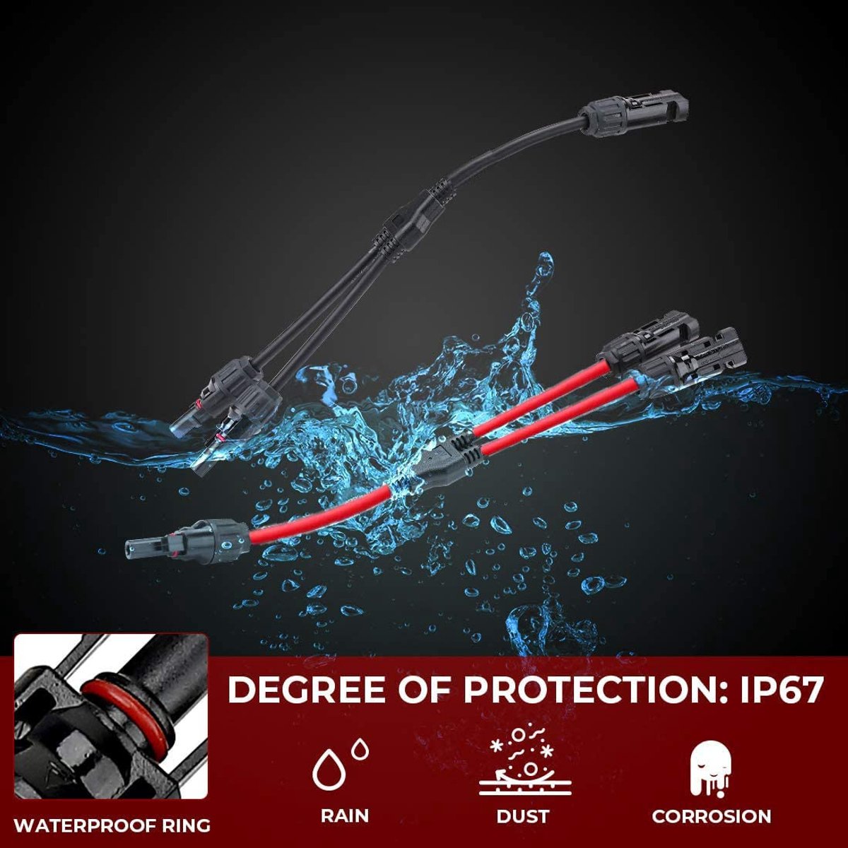 SnelShoppen - Pack van 2 Zonnepaneel Y Plug Verdeelconnector voor Parallelle Verbinding Solar Kabels Zwart/Rood, Geschikt voor 14AWG-10AWG