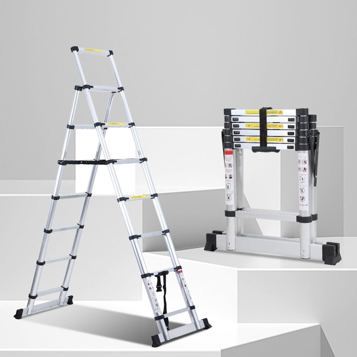 Telescopische Ladder - Opvouwbare Klimhulp - Huishoudelijk Werk - Met Stabiliteitsbalk - 3.7 Meter - Zilver