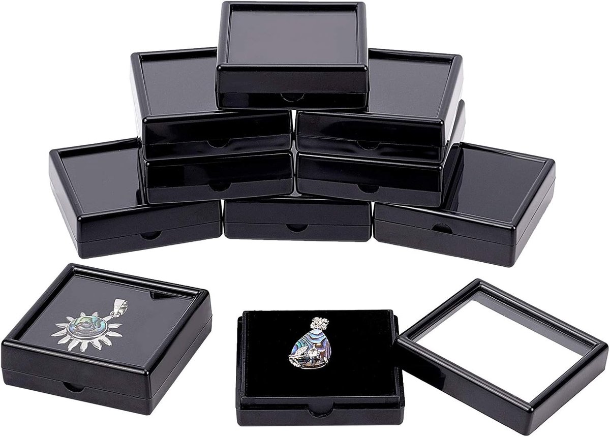 SnelShoppen - 10 Stuks Zwarte Edelstenen Display Doos Vierkant Acryl Sieraden Doos (6 x 6 x 2 cm) met Duidelijke Deksel en Spons Voor Edelstenen, Munt