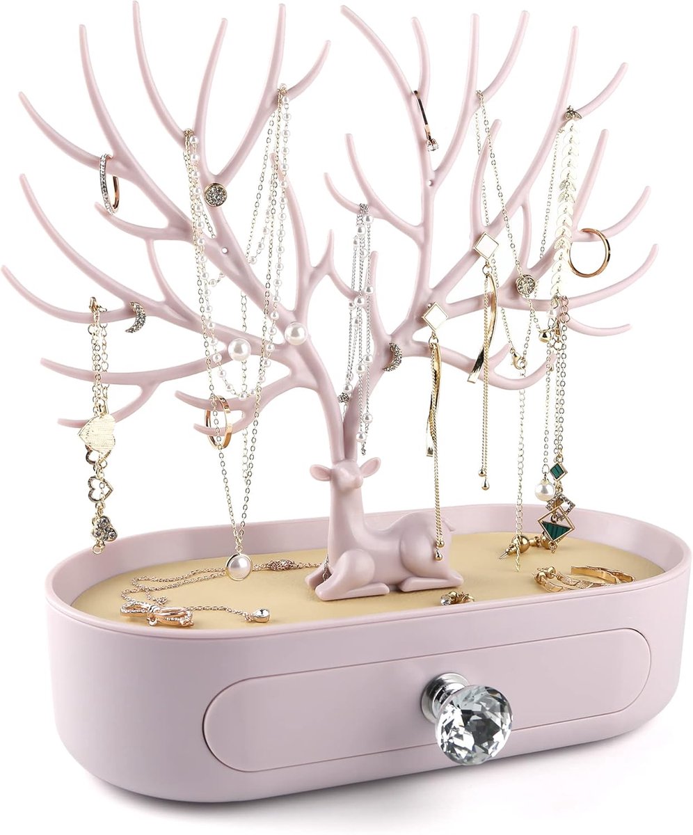 SnelShoppen - Gewei Sieraden Display Stand met Lade en Kristallen Handvat, Boom Toren Rack voor Ringen Oorbellen Kettingen Armbanden, Organiser voor T