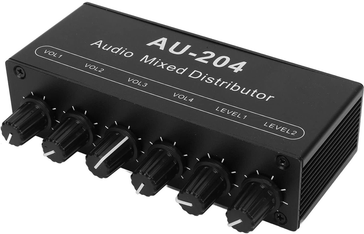 SnelShoppen - Mini Stereo Audio Voorversterker 2 Ingangen en 4 Uitgangen, 3.5Mm, Individueel Instelbaar, Hoofdtelefoonversterker Splitter Box