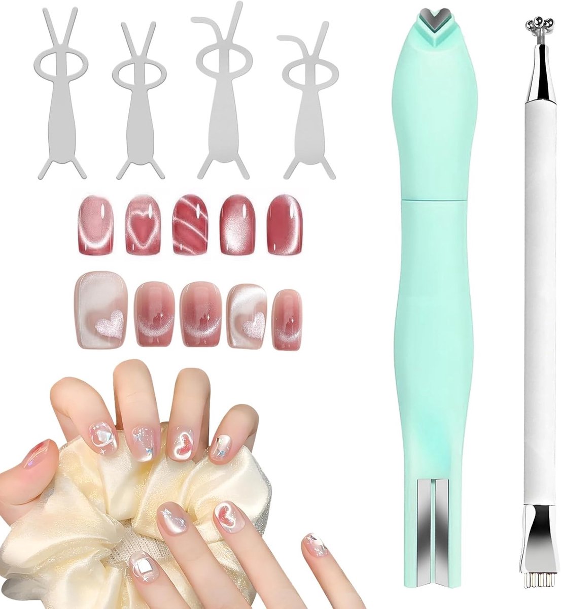 3-in-1 Cat Eye Magnet Set voor Nagelgel, Inclusief Dubbelzijdige Magnetische Pen en 4 Konijnvormige Gidsen | Perfect voor DIY en Salongebruik, Nagelkunst en Manicure Accessoires