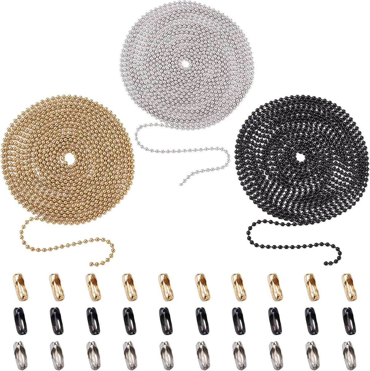 SnelShoppen - Ball Chain 304 RVS 2.4mm met 30 Connector Koppelingen - 10m/32 voet - Staal, Goud, Zwart - Ideaal voor Hondenhalsbanden, Kettingen, en H