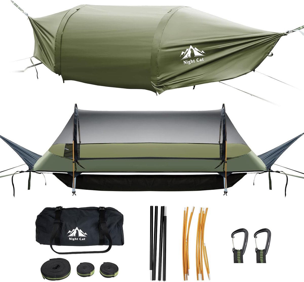 SnelShoppen - Night Cat Hangmat met Vlakke Bodem en Muggennet - Waterdichte Regenbescherming voor 1 Persoon - Perfect voor Kamperen in Tuin en Natuur