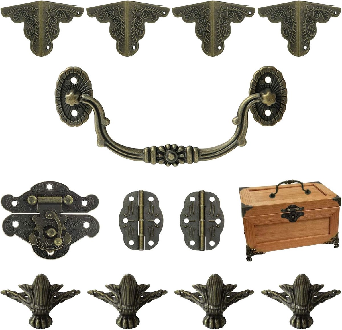 SnelShoppen - Antieke Slot Scharnieren Handgrepen Box Hoekbeschermers Kit voor DIY Doos, Houten Sieraden Doos Opslag, 1 Set met 4 Poten en 4 Hoekjes