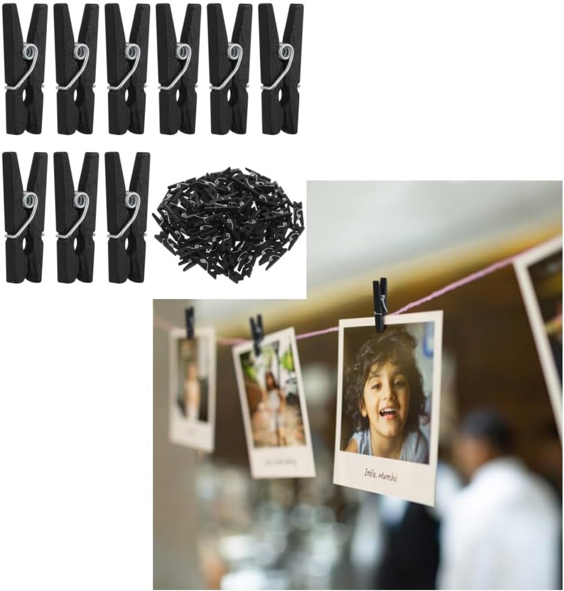 Kleine wasknijpers 25 mm - zwart hout - sterke mini clips - ideaal voor decoratie - ShopVlot