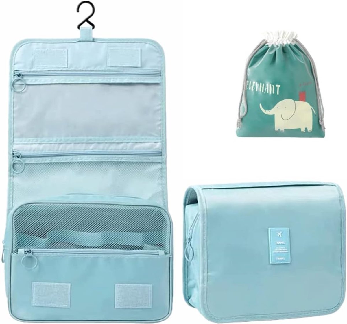 SnelShoppen - Waterdichte en Draagbare Cosmetica Tas, Reist Toilettas met Trekkoord, Blauw, Inclusief Heuptas, Ideaal voor Vrouwen, Reizen, Vakantie