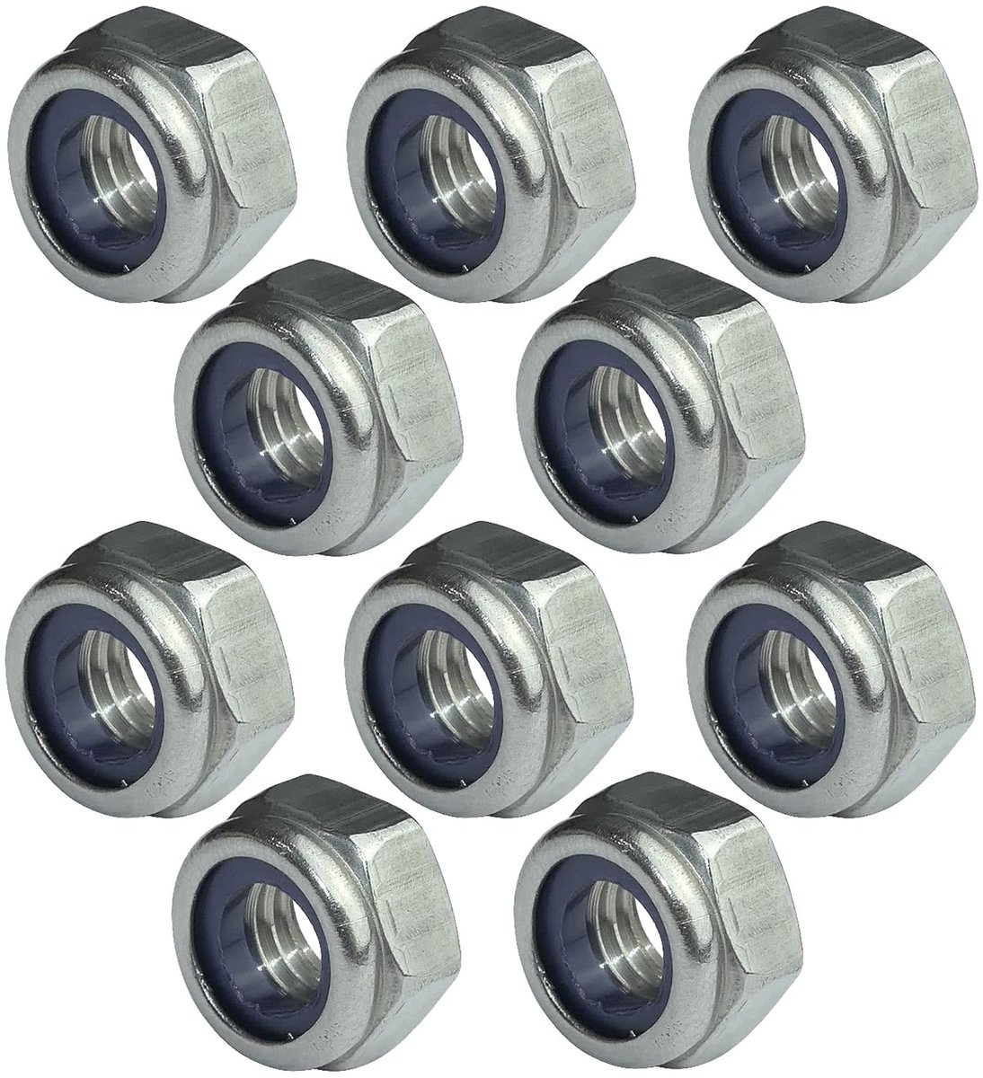 SnelShoppen - Set van 10 zelfremmende zeskantmoeren M8 Ø 13 mm in roestvrij staal A2 - Nylon ring - DIN 985 - Voor bevestigen en montage