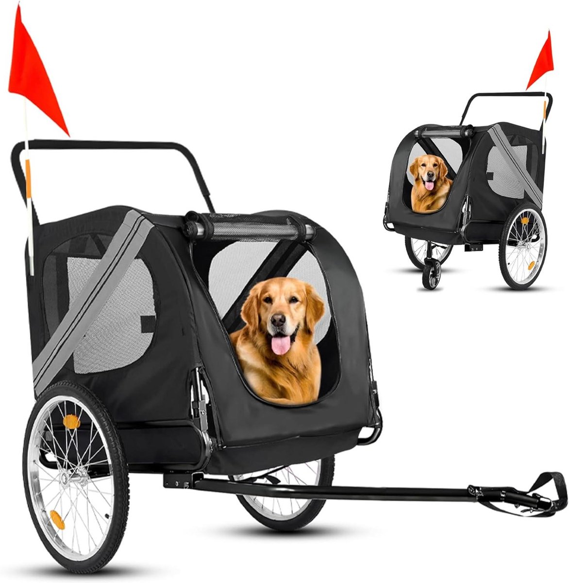 Hondenfietskar - Hondenbuggy Aanhanger - Veilig Vervoer Hond - 2-in-1 Ontwerp - Tot 35 kg - Donkergrijs