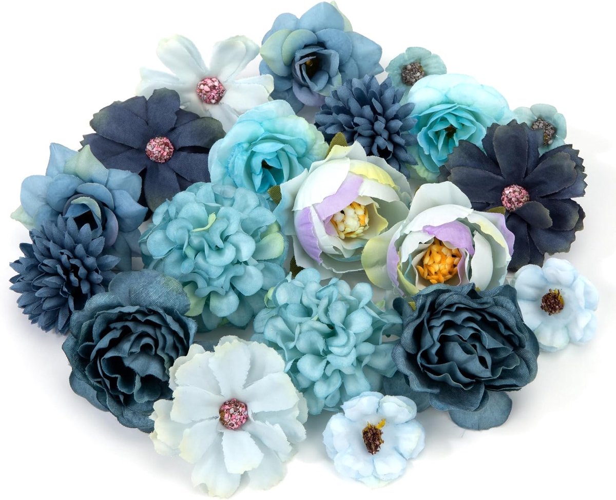 SnelShoppen - Kunstbloemen Bloemenhoofden Kunstbloemen Zijde Bloemen Hoofdjes voor DIY Creativiteit Bruiloft Feest Thuis Naaien 20 Stuks Blauw