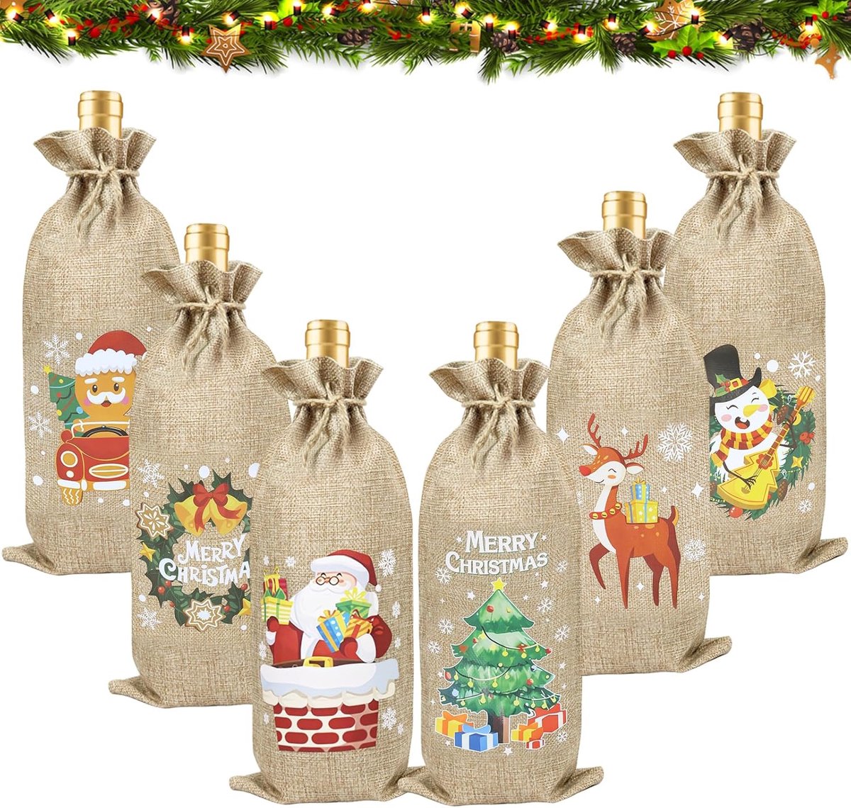 SnelShoppen - Jute Wijnzakken voor Kerst, Wijnfles Hoes met Trekkoord, 6 Stuks, Decoratie voor Thuis, Diner en Feest, Luxe Kerstaccessoire