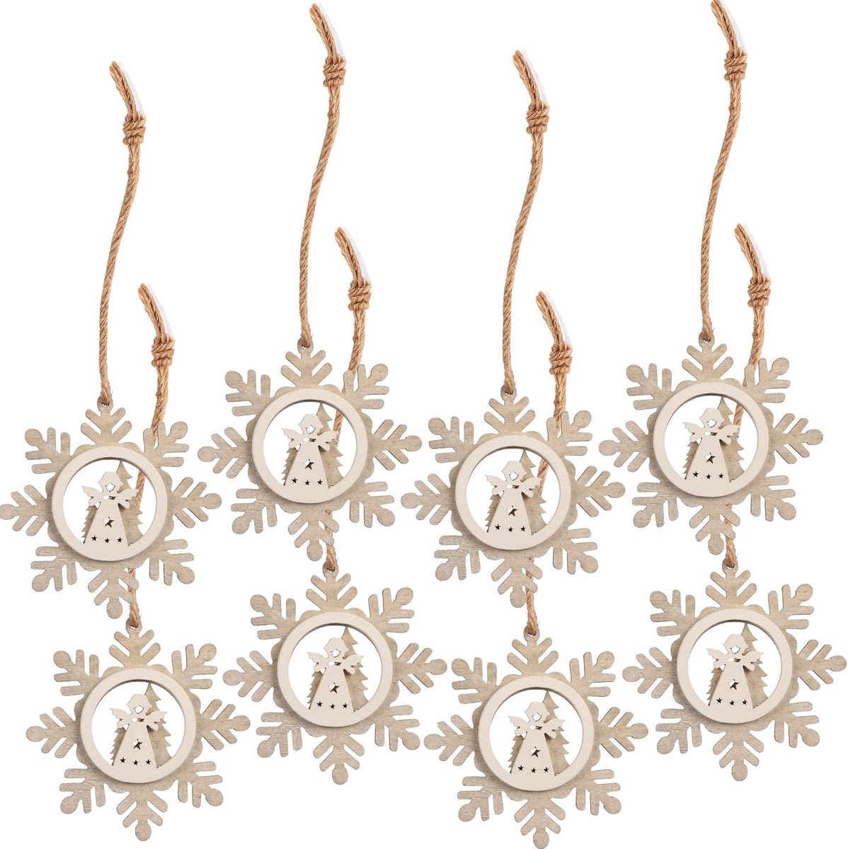 SnelShoppen - Set van 8 Kerstversieringen, Houten Hangende Ornamenten, 3D Effect Sneeuwvlokken, Kerstboomdecoratie, Multifunctionele Decoratie voor Fe
