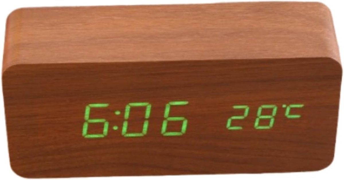 SnelShoppen - Digitale Houten Wekker, Elektronische Klok met LED Verlichting, USB Aansluiting, Thermometer, Bureauklok voor Thuis en Slaapkamer (Bruin