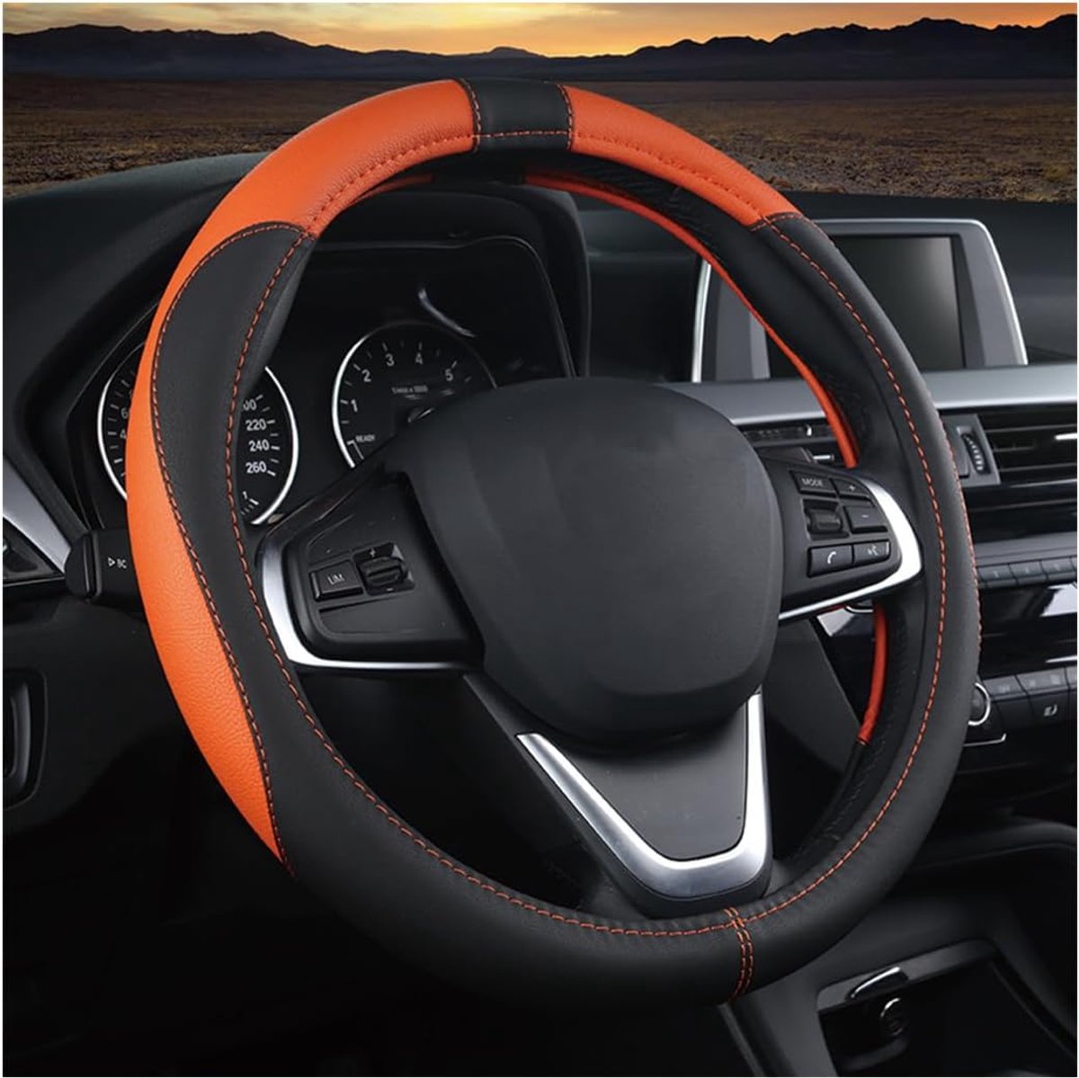 SnelShoppen - Sportieve Stuurwielhoes voor Auto, Microfiber Leder, Antislip, 38 cm, Zwart/Oranje, Ademend, Duurzaam en Comfortabel