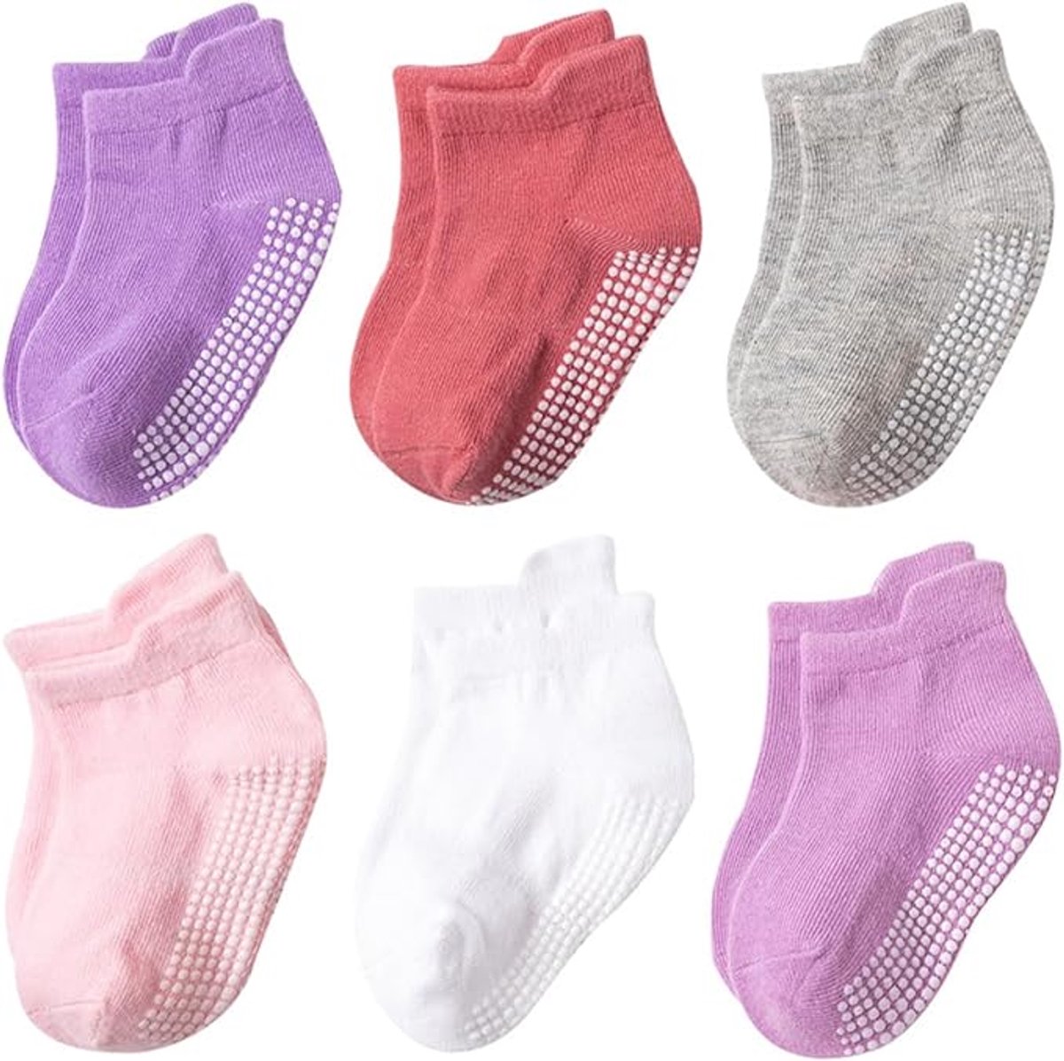 Pastel gekleurde antislip vloersokjes set van 6 paren maat S, zachte katoen babysokjes met siliconen gripzool geschikt voor baby’s van 0 tot 1 jaar om veilig te kruipen en lopen