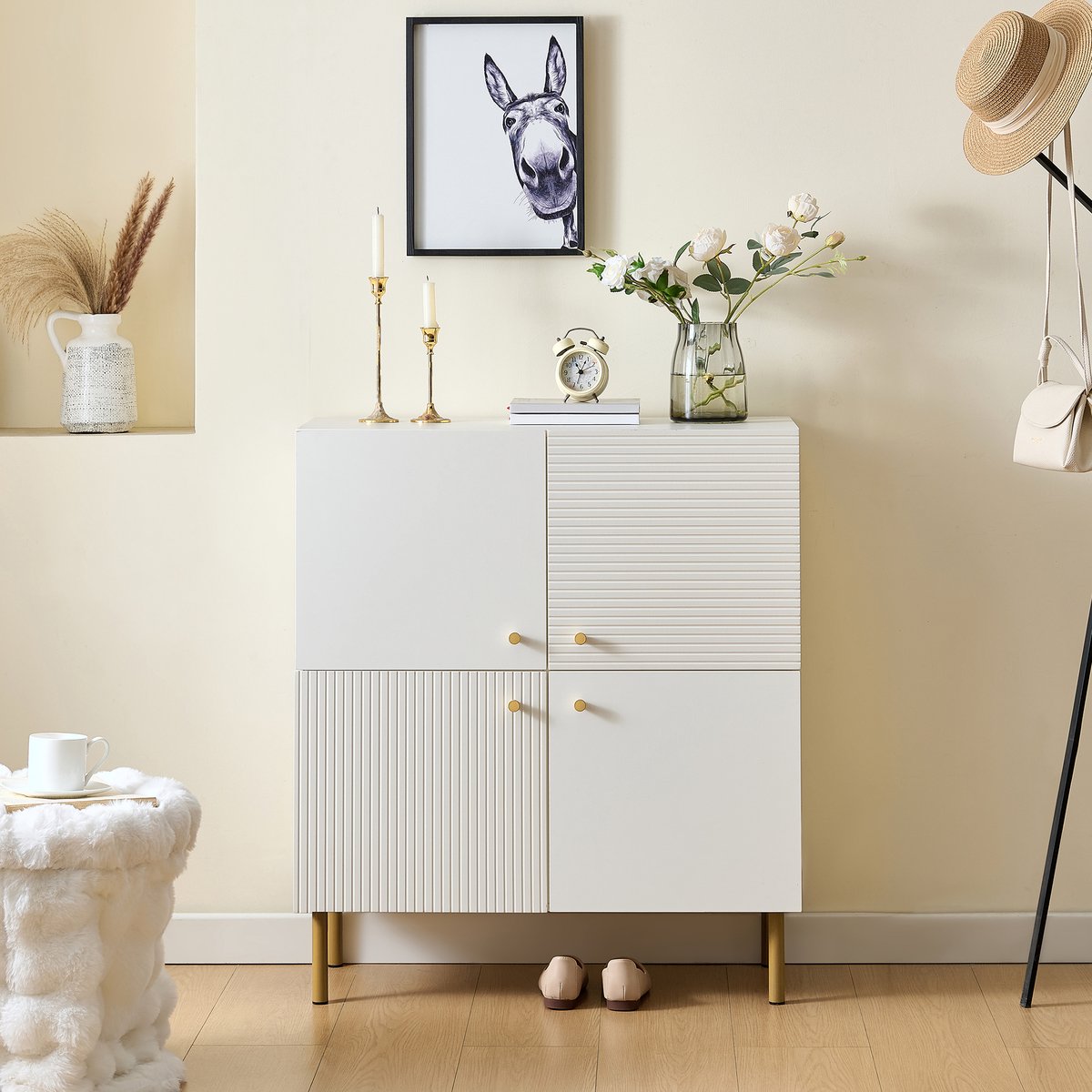 VVBV Dressoir - 80 x 36 x 90 cm, Wit, met Deuren, Metalen Poten, MDF & Metaal, Veel Opbergruimte