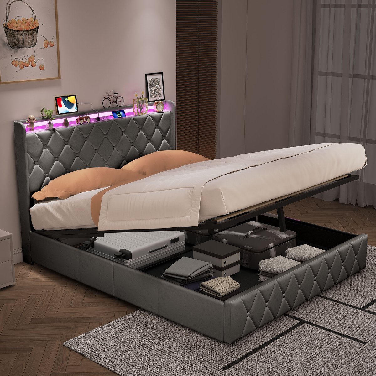 Opbergbed 140x200 cm met lattenbodem, led- en usb-aansluiting, Tweepersoonsbed gestoffeerd met hydraulische opbergruimte, gecapitonneerd 2-zitsbedframe met hoofdbord en open planken (Flanel Grijs)