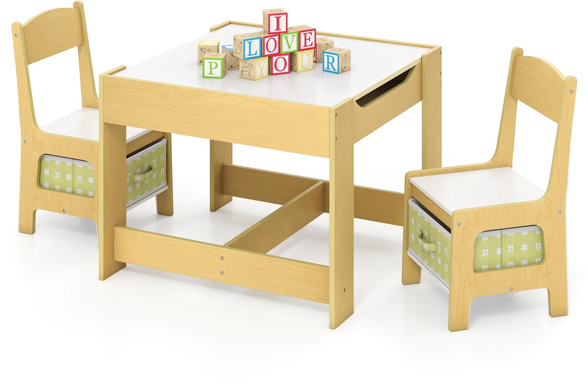 COSTWAY 3-delig. Kindersitzgruppe, kindertafel met 2 stoelen van hout, 3-in-1 tekentafel & activiteitentafel & schoolbordtafel, kindermeubels kindersitzgarnituur voor peuters van 3-7 jaar (Groen)