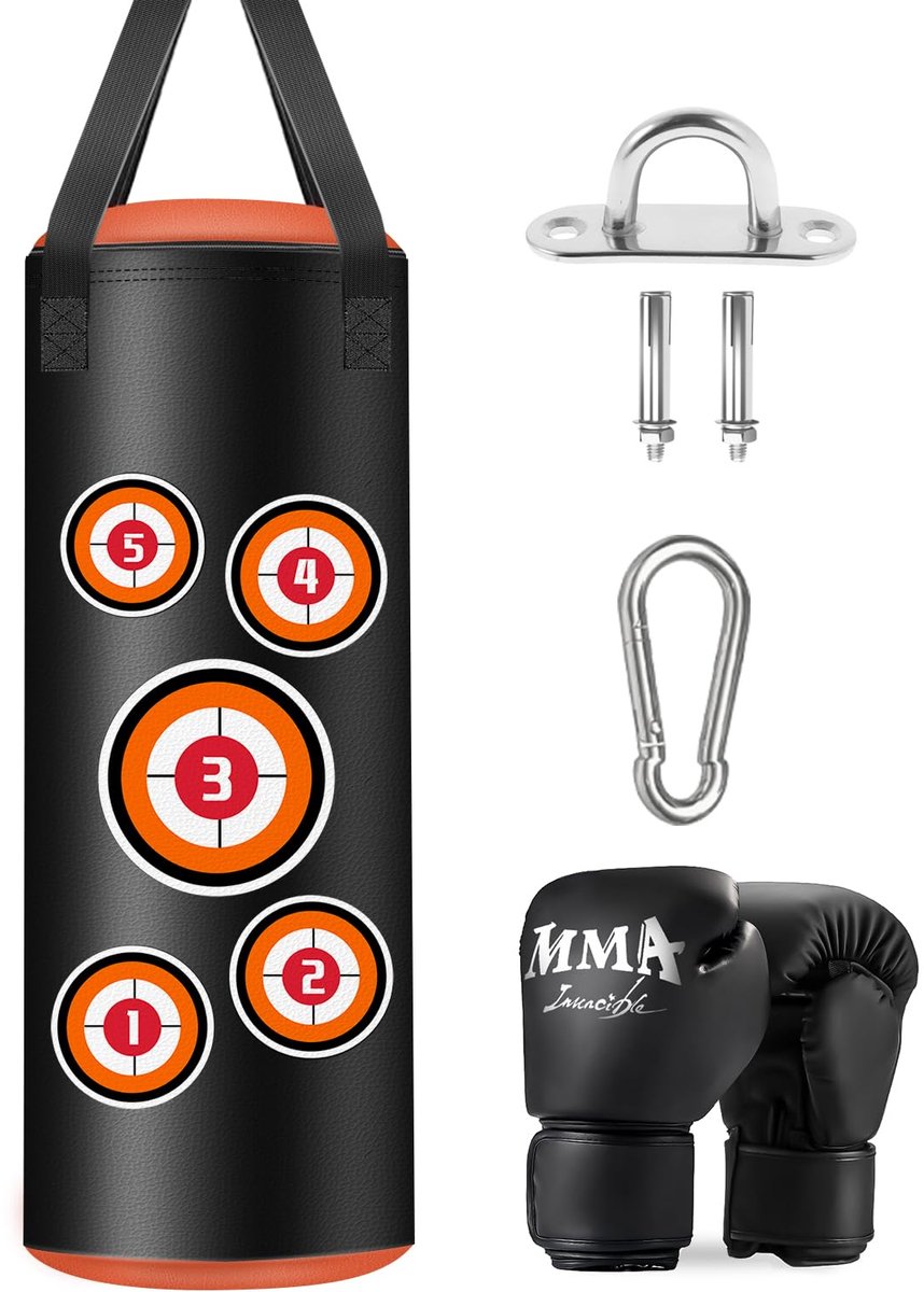 SnelShoppen - Hangende kinderen bokszak 61 cm set met handschoenen, kettingen en bevestigingshaken, microvezel leren bokszak voor kickboksen, fitness