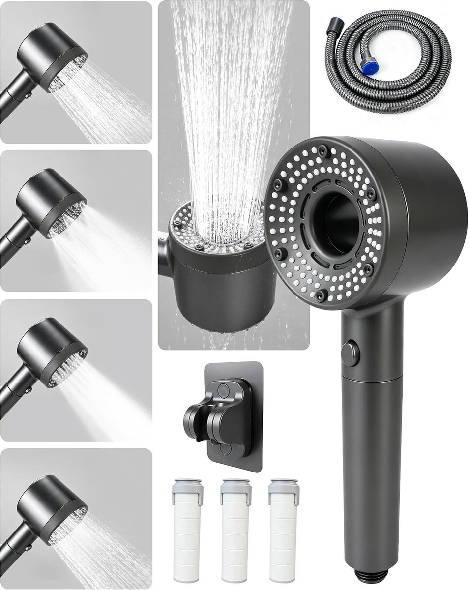 SnelShoppen - Douchekop met Filter 5 Standen, 1,5 m Slang, Pauzeknop, Krachtige Waterstraal, Chloor Verwijderend, Antikalk, Ideaal voor Badkamer, Comf