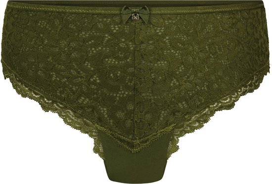 Culotte brésilienne verte en dentelle avec une ceinture lisse et des bordures en dentelle.