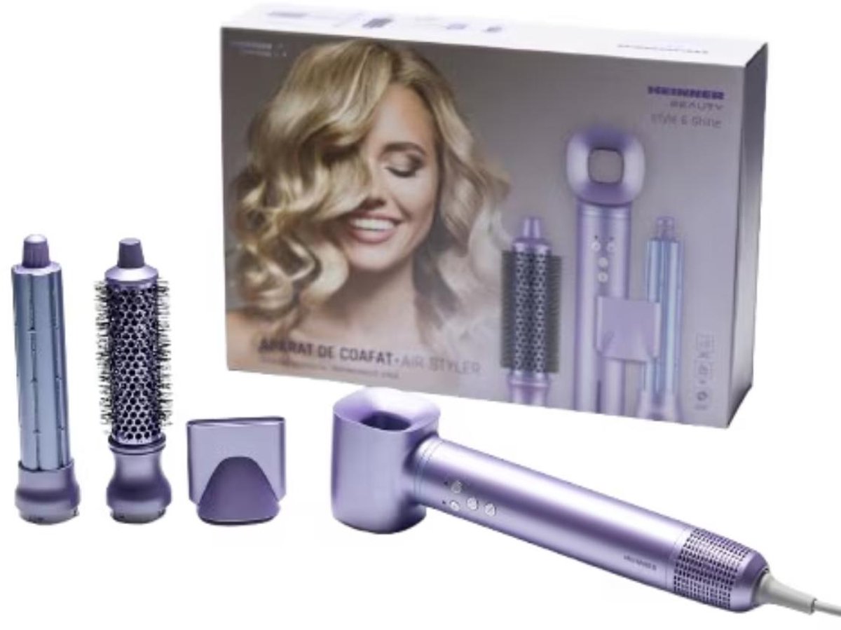 Heinner Professionele 4-in-1 Airstyler – 1300 W BLDC-motor – Heat Balance – 3 Snelheidsstanden – 4 Temperatuurstanden – Ionische Functie – 4 Opzetstukken – Paars