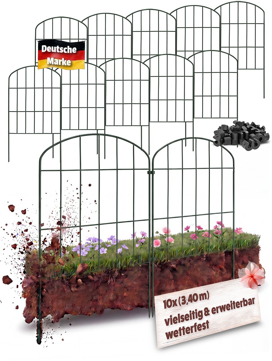 Tuinafscheiding / Modulaire omheining / Hondenhek / Vijverhek – Voor tuinen & vijvers – 10 hekelementen, 43 cm hoog – Metalen rasterhek met gebogen