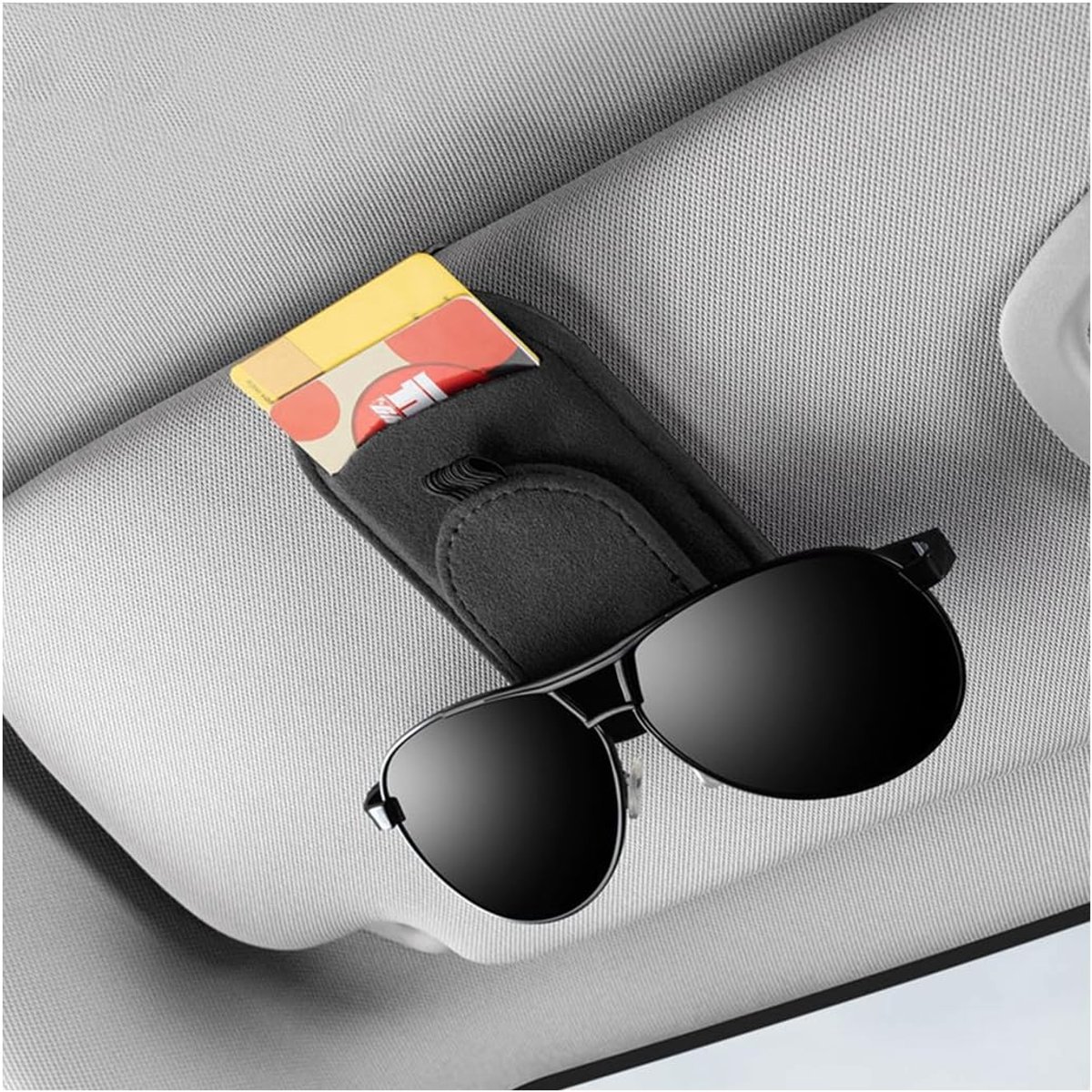 SnelShoppen - Universele Zonnebril Houder voor Auto, Zonnebril Clip met Creditcard Houder, Lederen Brilcase voor Auto's (Zwart)