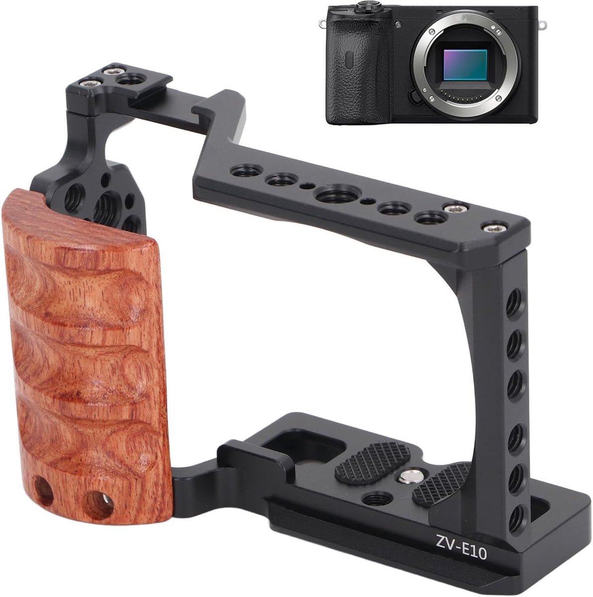 SnelShoppen - Camera Cage voor ZV E10 met Houten Handvat, Metaal Video Beveiligingsplatform, 3/8 Inch Locaties, 1/4 Inch Koudeschoenen, Compacte Video