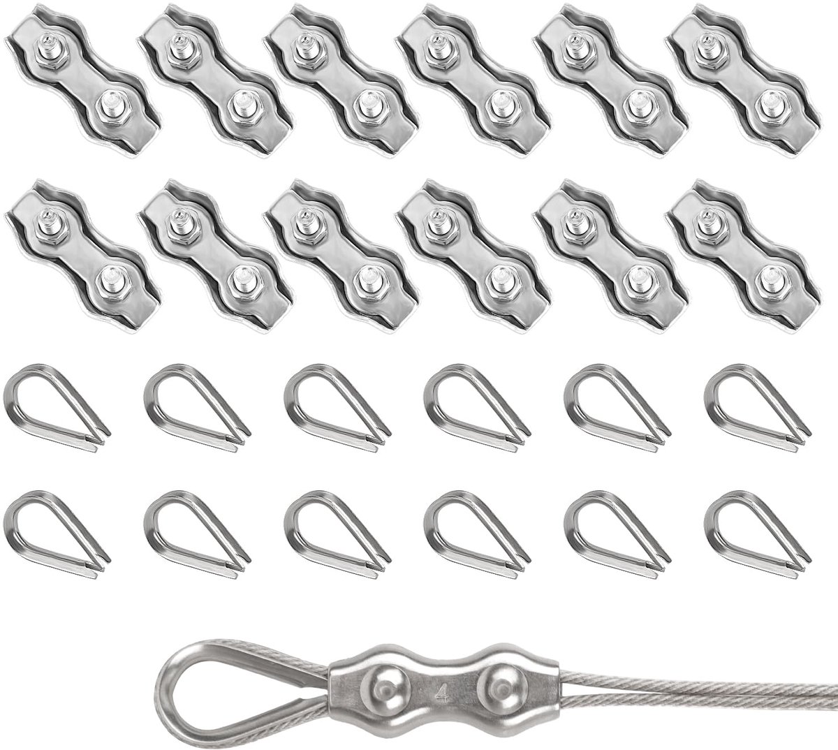 SnelShoppen - 24 Stuks Stalen Draad Klemmen Duplex Klem 4mm voor 3mm Stalen Kabel, 304 RVS Kabelklemmen Set met 12 Klemmen en 12 Kabelmoffen