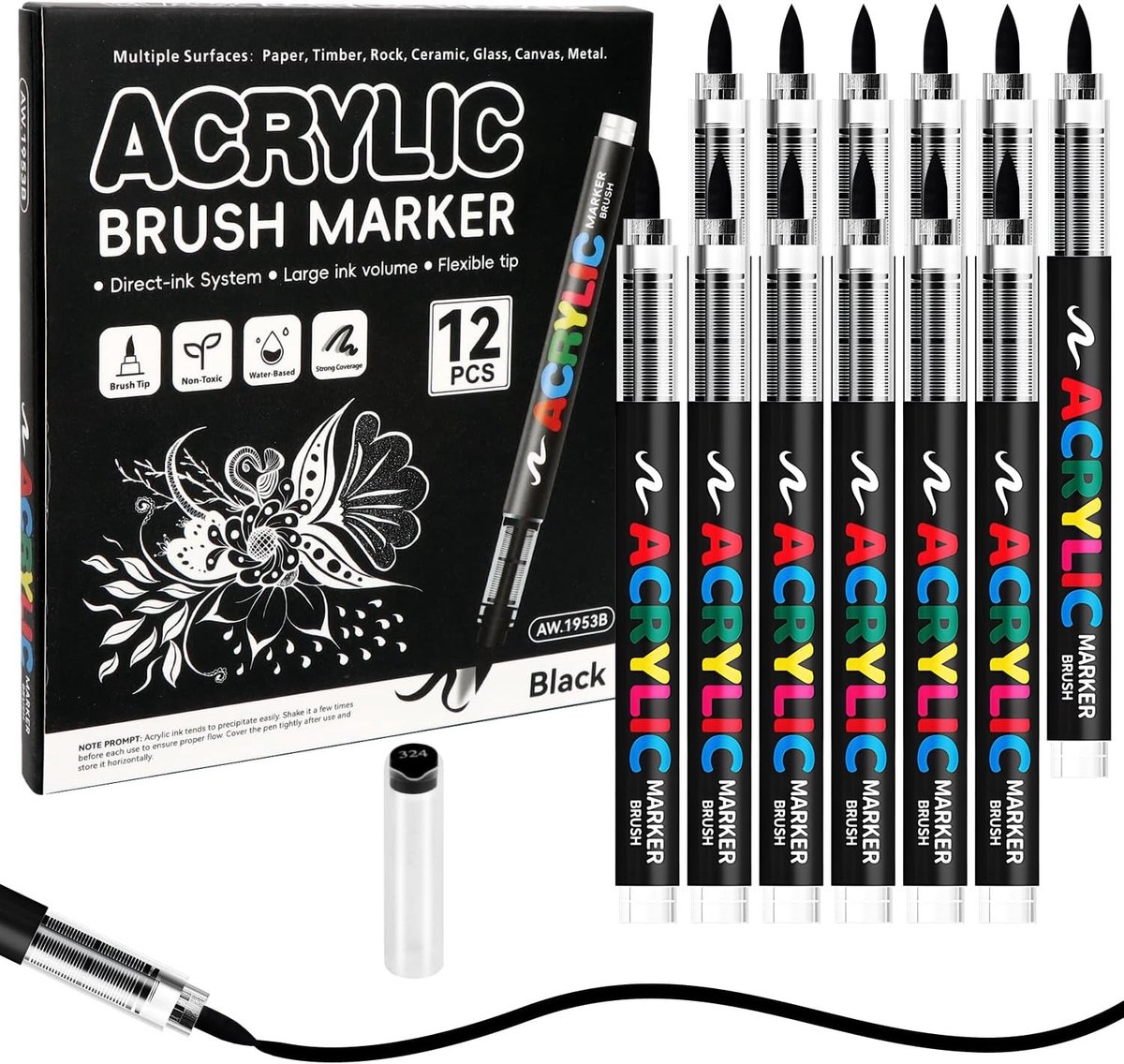 Acrylmarkers - Zwart - Soft Brush Tip - Watervaste Kleurstiften voor Kunst en Doe-Het-Zelf