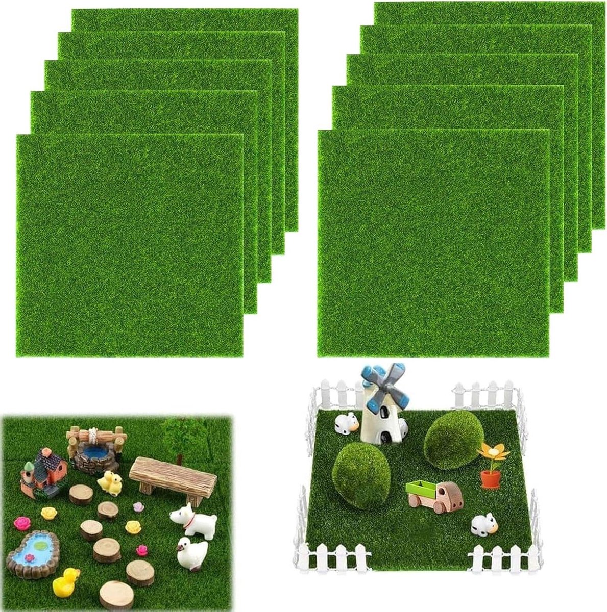 Kunstgras Tegels - Miniatuur Gazon - Decoratie Tuin - Weerbestendig Materiaal - 15x15 cm - Groen