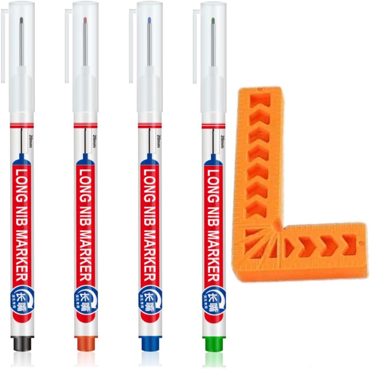 SnelShoppen - 90 Graden Liniaal en 4-Kleur Houtbewerkingspen Set, Vierkant voor Houtbewerking, Meubels, Hoekklem, Carpentry Tools, Creatief Klussen