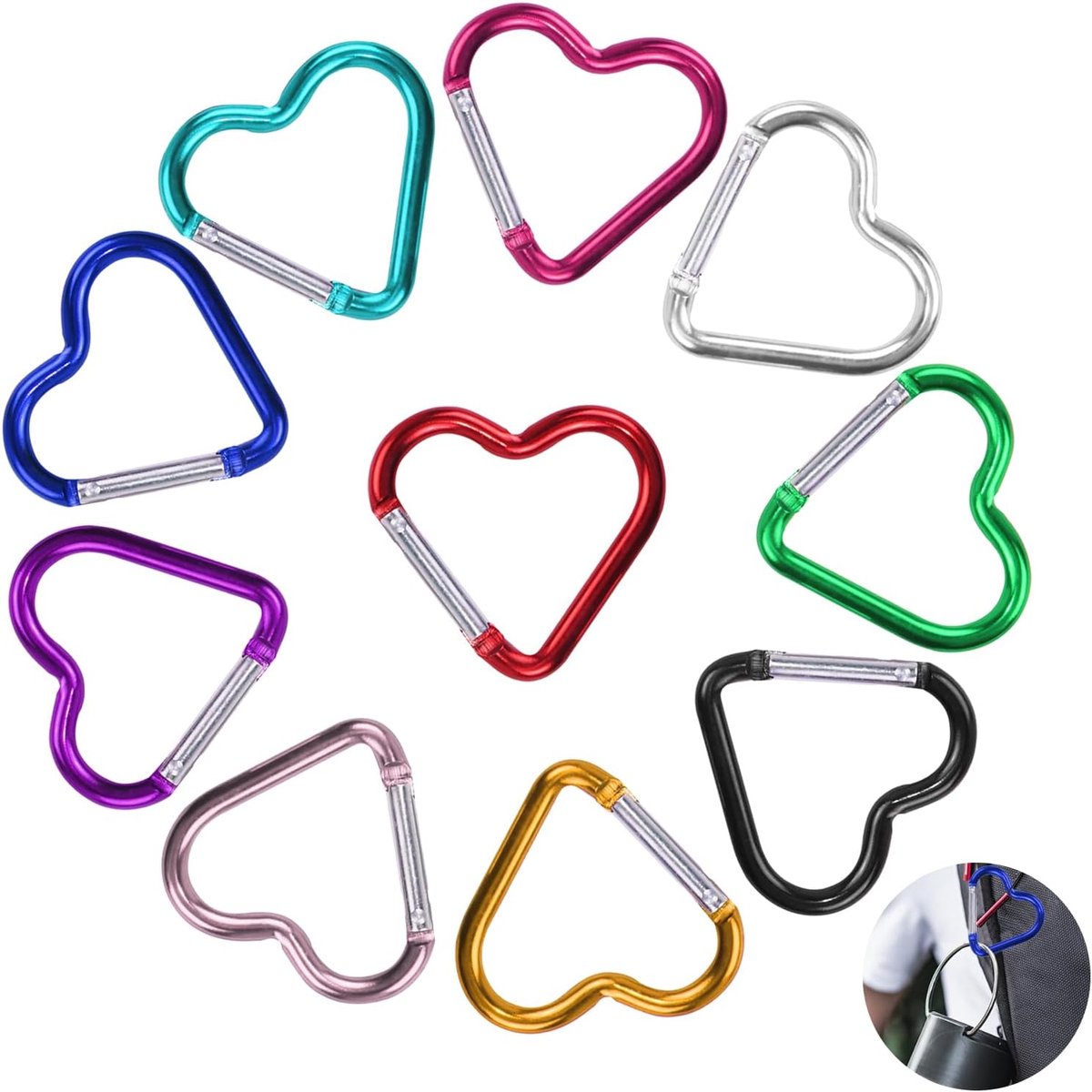 Pack of 10 Heart Carabiner Hooks Colourful Aluminium Alloy Carabiner Hooks Small Carabiner for Outdoor Camping Travel - ShopVlot