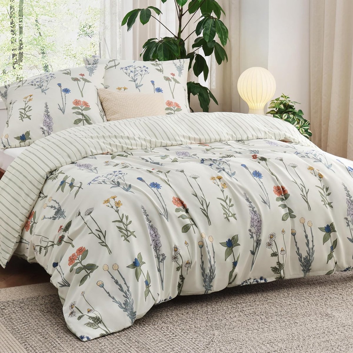 SnelShoppen - Beddengoed Set 220 x 240 cm met 2 Kussenslopen 80 x 80 cm, Oeko-Tex Kleurvolle Bloemen Strepen, Polyester Microfiber voor Tweepersoonsbe