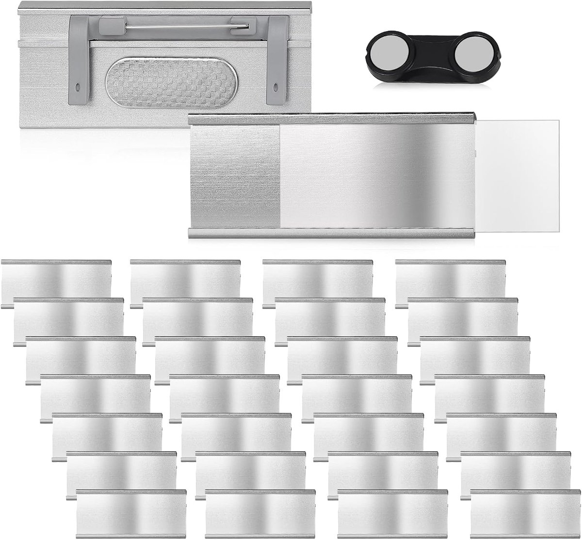 SnelShoppen - 30 Stuks Magnetische Naamplaatjes voor Kleding met Naald, 72mm x 31mm Aluminium Houder, Inclusief Papieren Tray voor Werk, Tentoonstelli