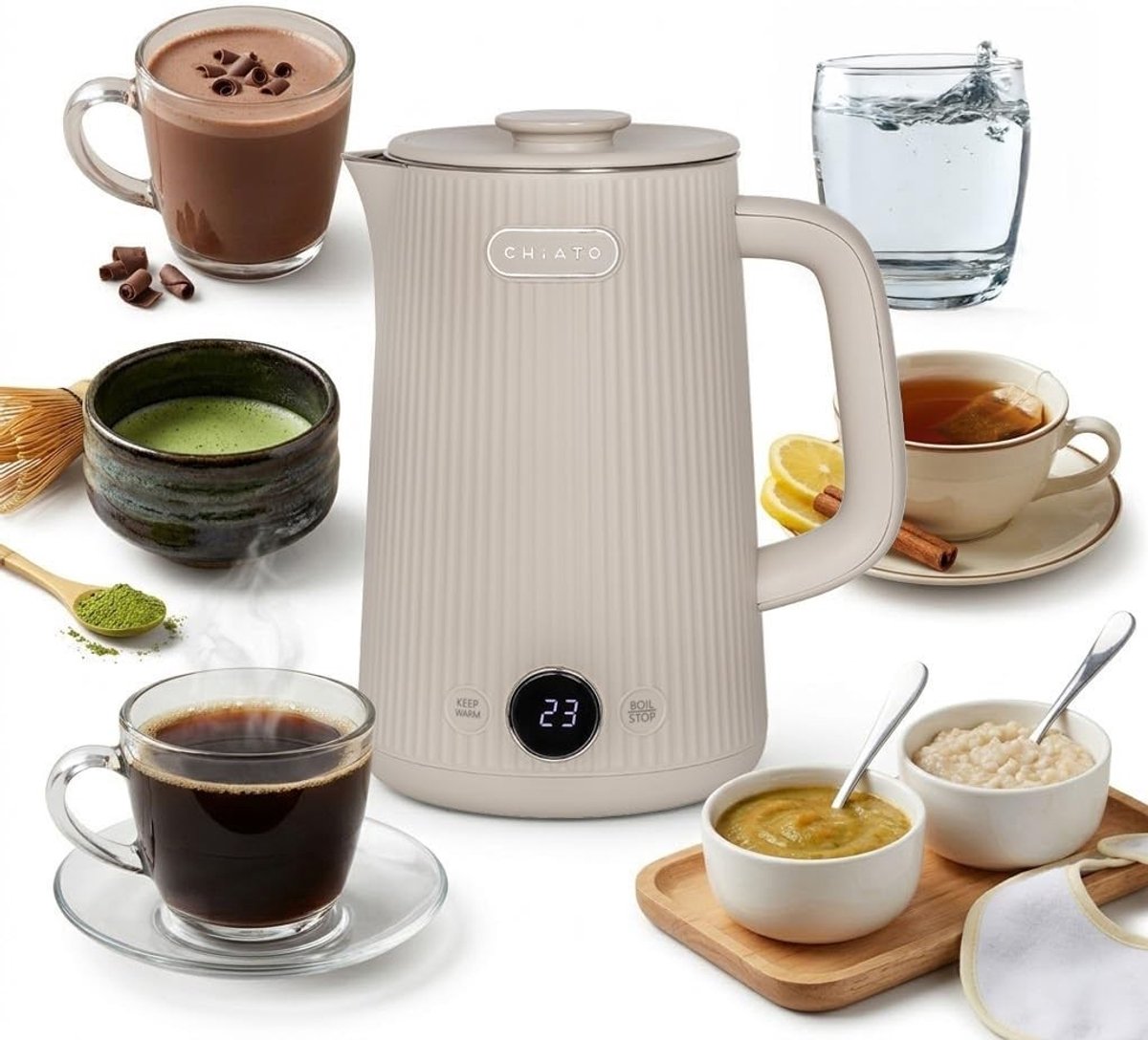 Waterkoker - Zand - 1,7 l - Roestvrijstalen Waterkoker met Temperatuurkeuze - Voor Thee en Koffie
