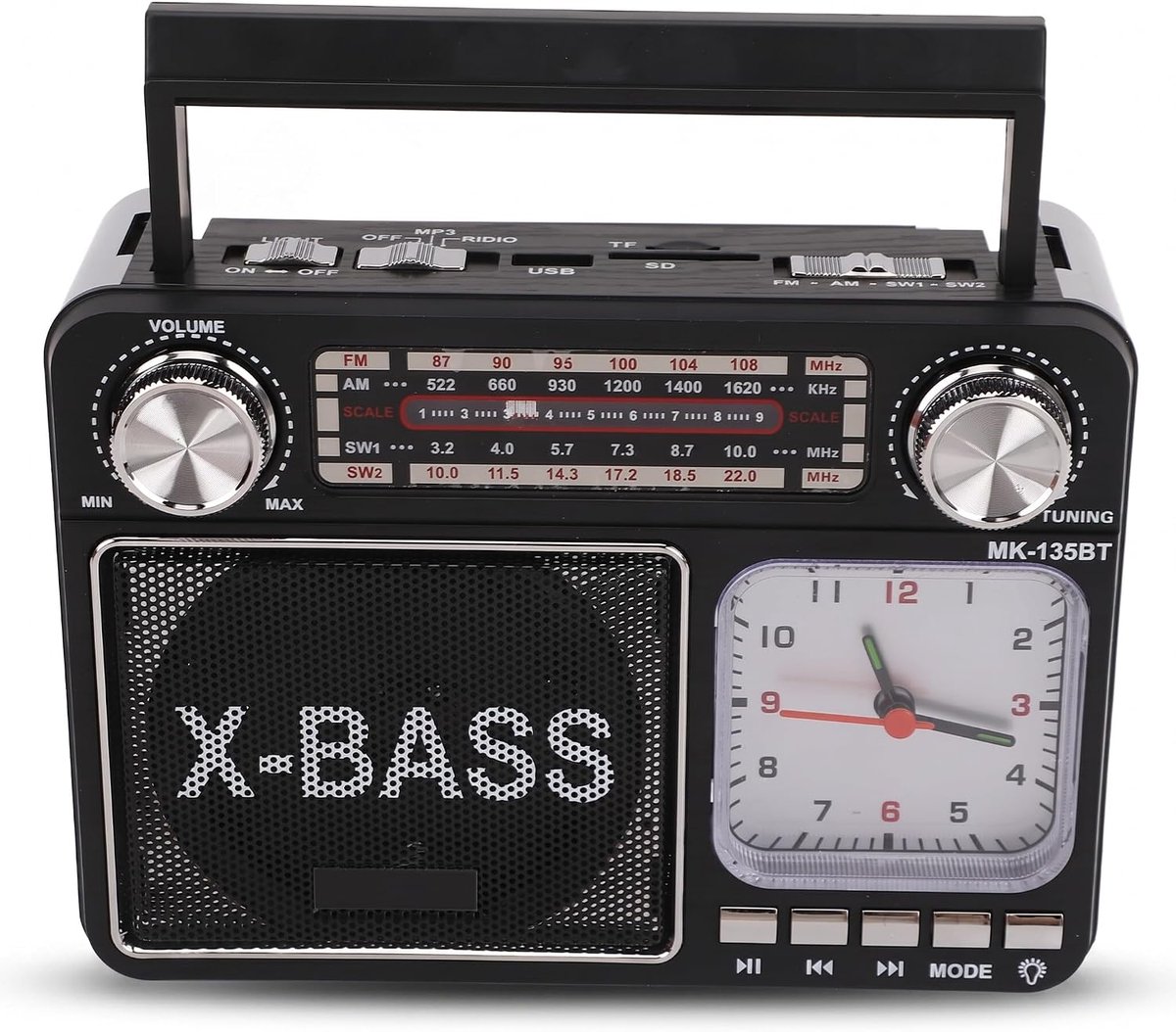 SnelShoppen - AM FM SW Band Radio - Compacte Retro Vintage Radio met Licht Klok, Bluetooth Speaker, Hoofdtelefoon Aansluiting, USB TF Kaart Ondersteun