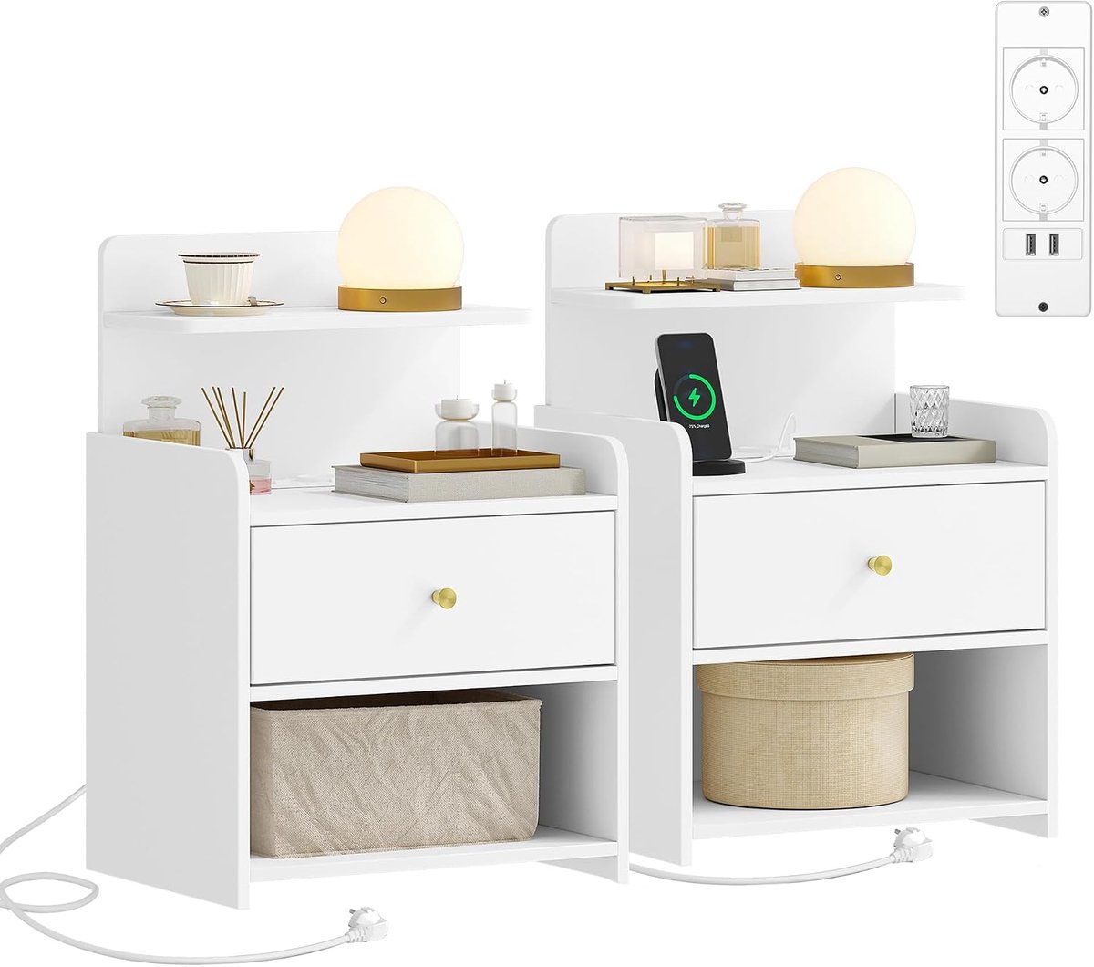 Hzuaneri Nachtkastje met Oplaadmogelijkheid, Set van 2, Nachtkastje met 1 Lade en 2 Open Vakken, Nachtkastje met Usb-Poort, Type-C-Poort en 2 Stopcontacten, voor Slaapkamer, Woonkamer, Modern, Wit