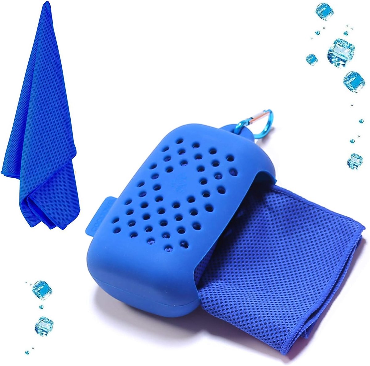 Koelhanddoek - Microvezel Ice Towel 100 x 30 cm met Siliconen Hoesje en Klem - Direct Verkoelende Sport Handdoek voor Fitness, Wandelen en Hardlopen - Blauw