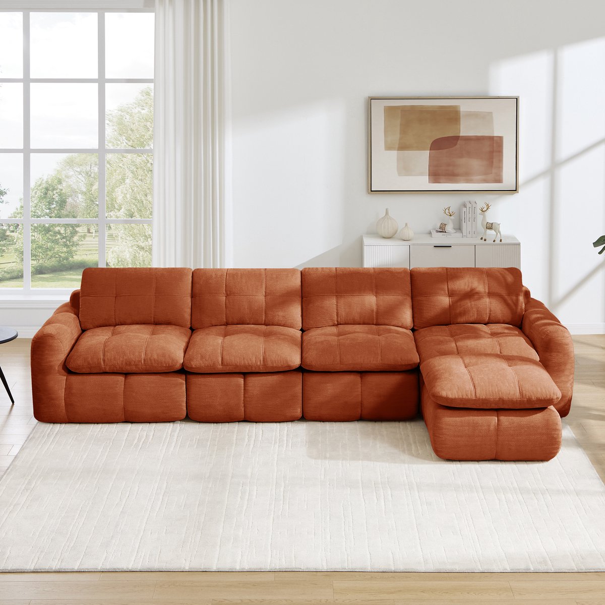 Intebiki 4-zits Hoekbank - Chenille stof - Modulaire L-vormige zitbank - Geen montage nodig - inclusief 1 poef - oranje