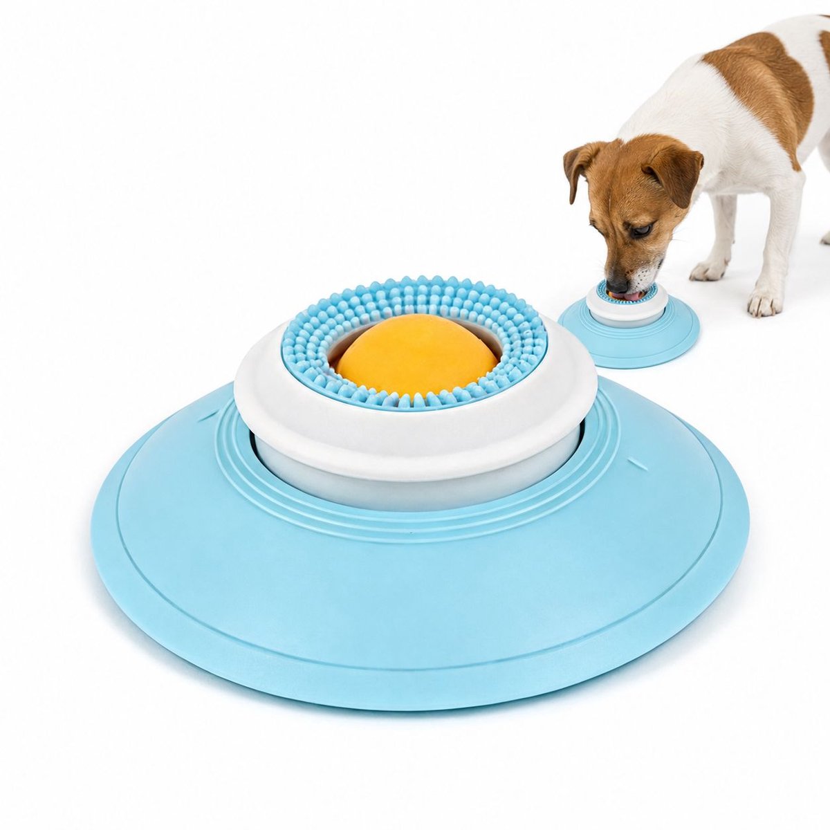 VHV-Anti-Schrok Voerbak voor Honden - Likbak met Rollerbal voor Vloeibare Snacks en Yoghurt - Antislip Hondervoerbak - Geel