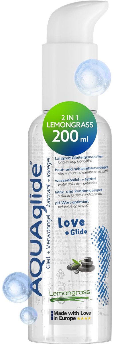 JOYDIVISION AQUAglide 2-in-1 Lemongrass 200 ml, massage en glijmiddel op waterbasis, citroengras, veganistisch, olievrij glijmiddel en latexcondooms compatibel