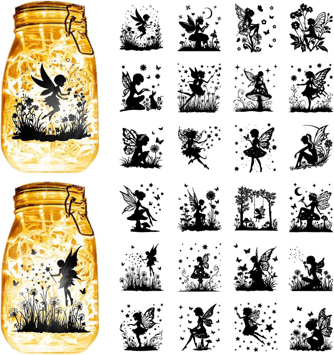 SnelShoppen - 24 Stuks Fairy Mason Jar Decor Silhouetten Cutouts PVC Wanddecoratie voor Scrapbooking, Tuin, Feest, Raam en Muurdecoratie 9.5 x 7.5cm