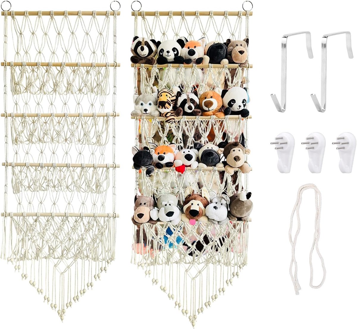 SnelShoppen - 52 cm Brede Bohemian Macrame Organizer met 4 Niveaus voor Hangnet - Opbergnetje voor Pluche Dieren - Perfect voor Kinderkamer, Woonkamer