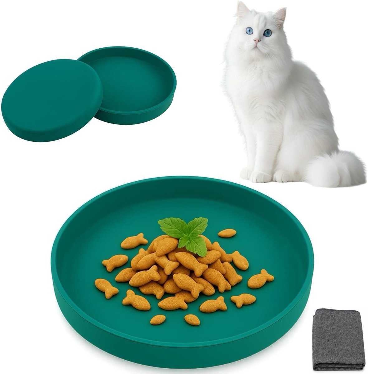 SnelShoppen - Set van 2 Siliconen Katten Voerbakken 15 cm met Schoonmaakdoek – Platte Kattenbak voor Kittens en Reizen, Kleine Katten Voerbak, Makkeli