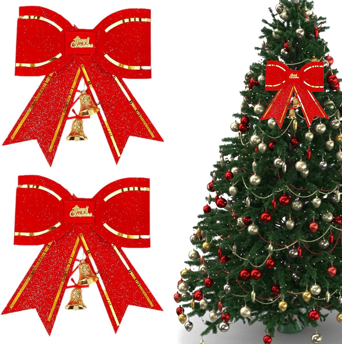 SnelShoppen - Grote Rode Kerststrikken 25 cm met Glitter en Belletjes - Luxe Velours Kerstboomdecoraties voor Deur, Raam en Thuis - Feestelijke Versie